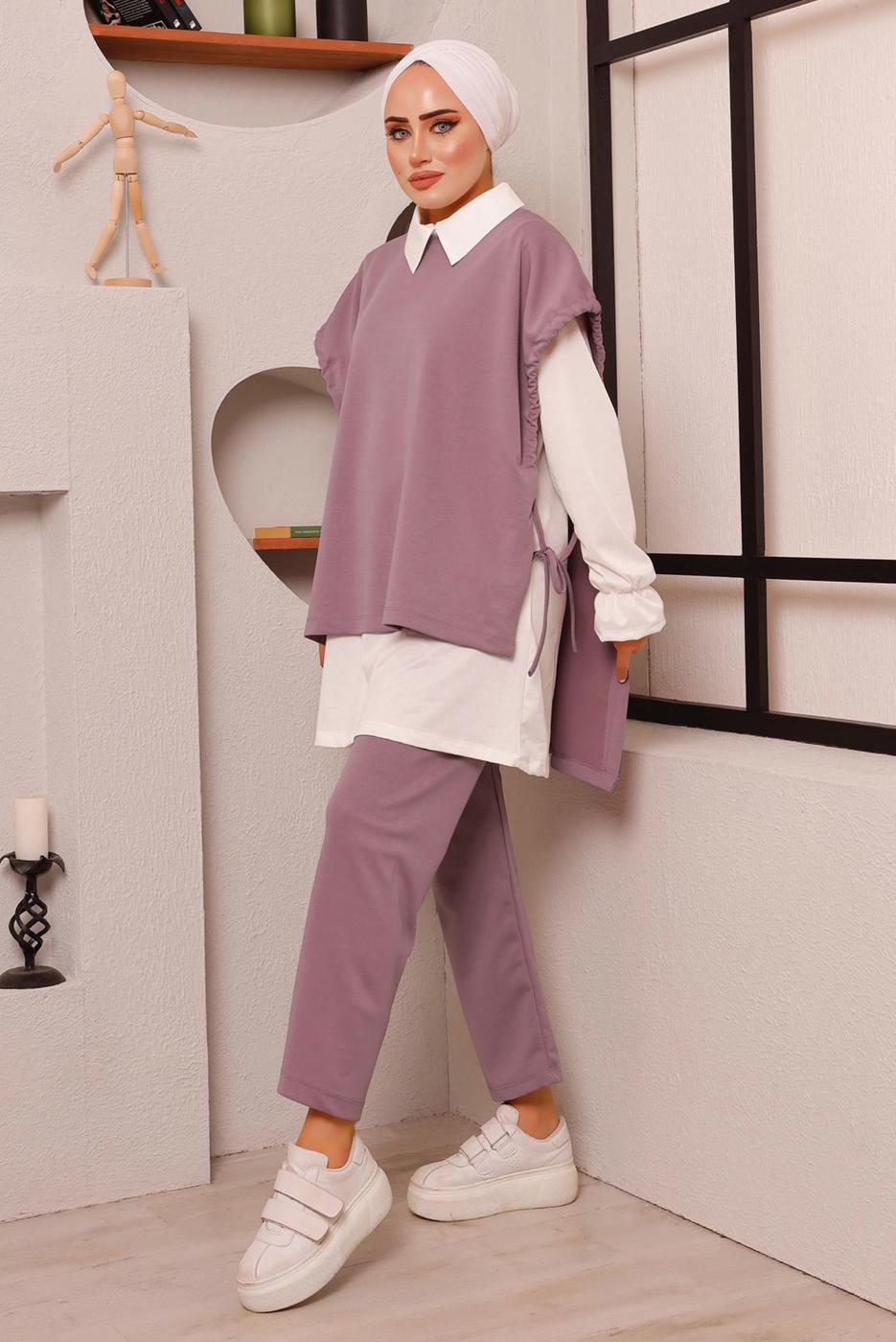 Tesettür giyim PUDRA BAĞLAMA DETAYLI ÜÇLÜ PANT. TAKIM 6772