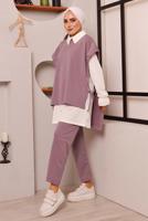 Tesettür giyim PUDRA BAĞLAMA DETAYLI ÜÇLÜ PANT. TAKIM 6772