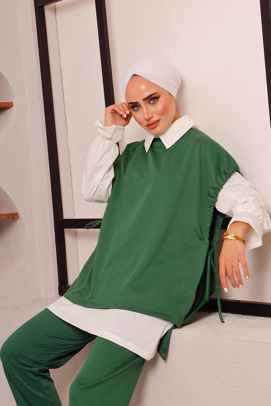 Tesettür giyim YEŞİL BAĞLAMA DETAYLI ÜÇLÜ PANT. TAKIM 6772