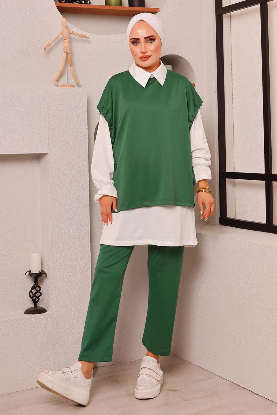 Tesettür giyim YEŞİL BAĞLAMA DETAYLI ÜÇLÜ PANT. TAKIM 6772