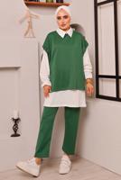 Tesettür giyim YEŞİL BAĞLAMA DETAYLI ÜÇLÜ PANT. TAKIM 6772