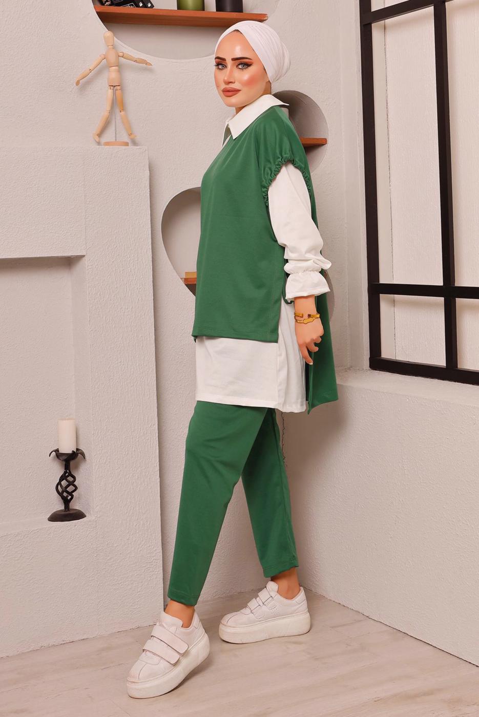 Tesettür giyim YEŞİL BAĞLAMA DETAYLI ÜÇLÜ PANT. TAKIM 6772