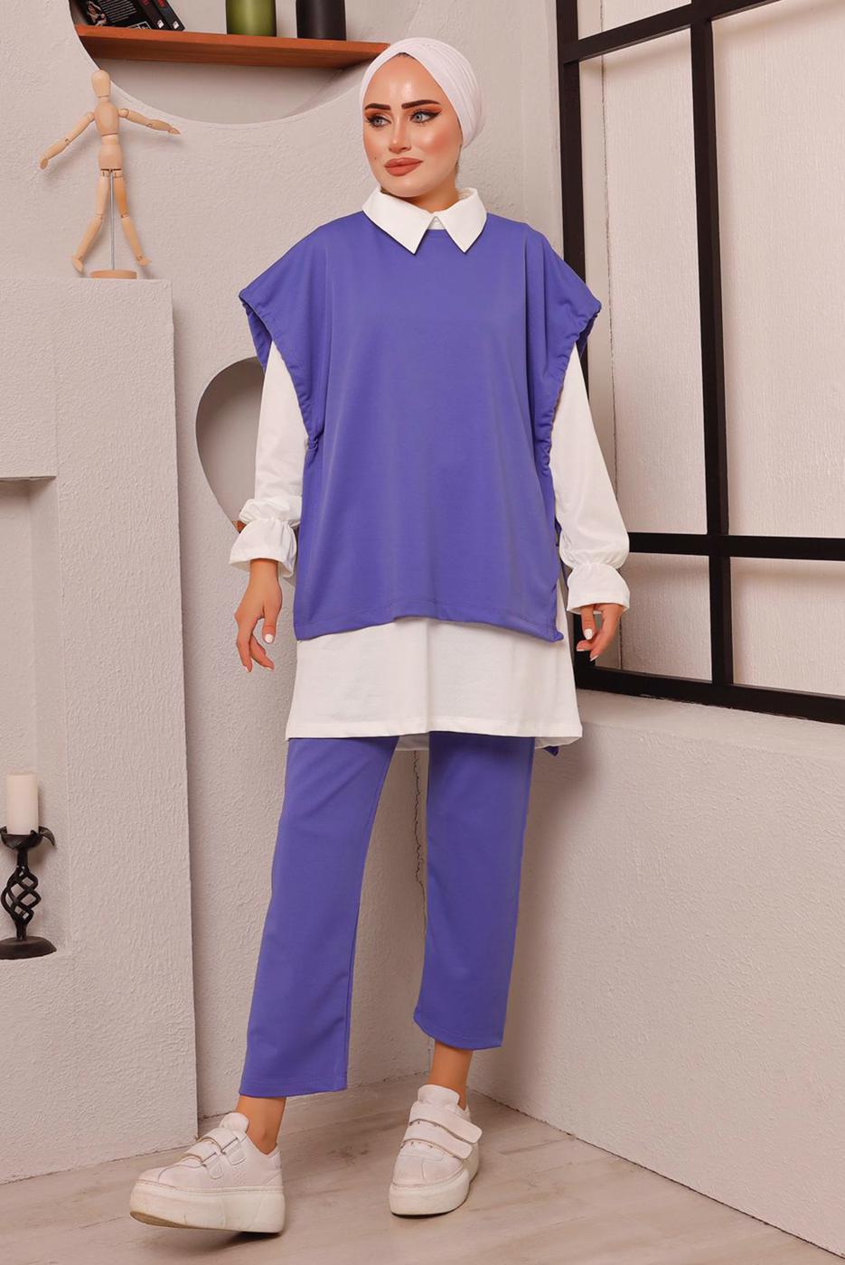 Tesettür giyim MOR BAĞLAMA DETAYLI ÜÇLÜ PANT. TAKIM 6772