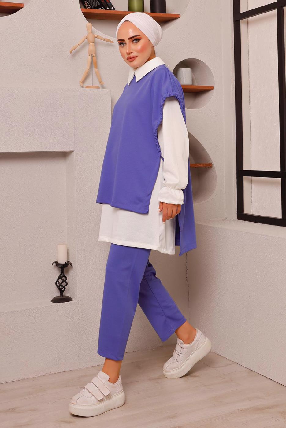 Tesettür giyim MOR BAĞLAMA DETAYLI ÜÇLÜ PANT. TAKIM 6772