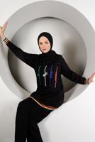 Tesettür giyim SİYAH DESENLİ RİBANALI TRİKO PANTOLONLU TAKIM 6922