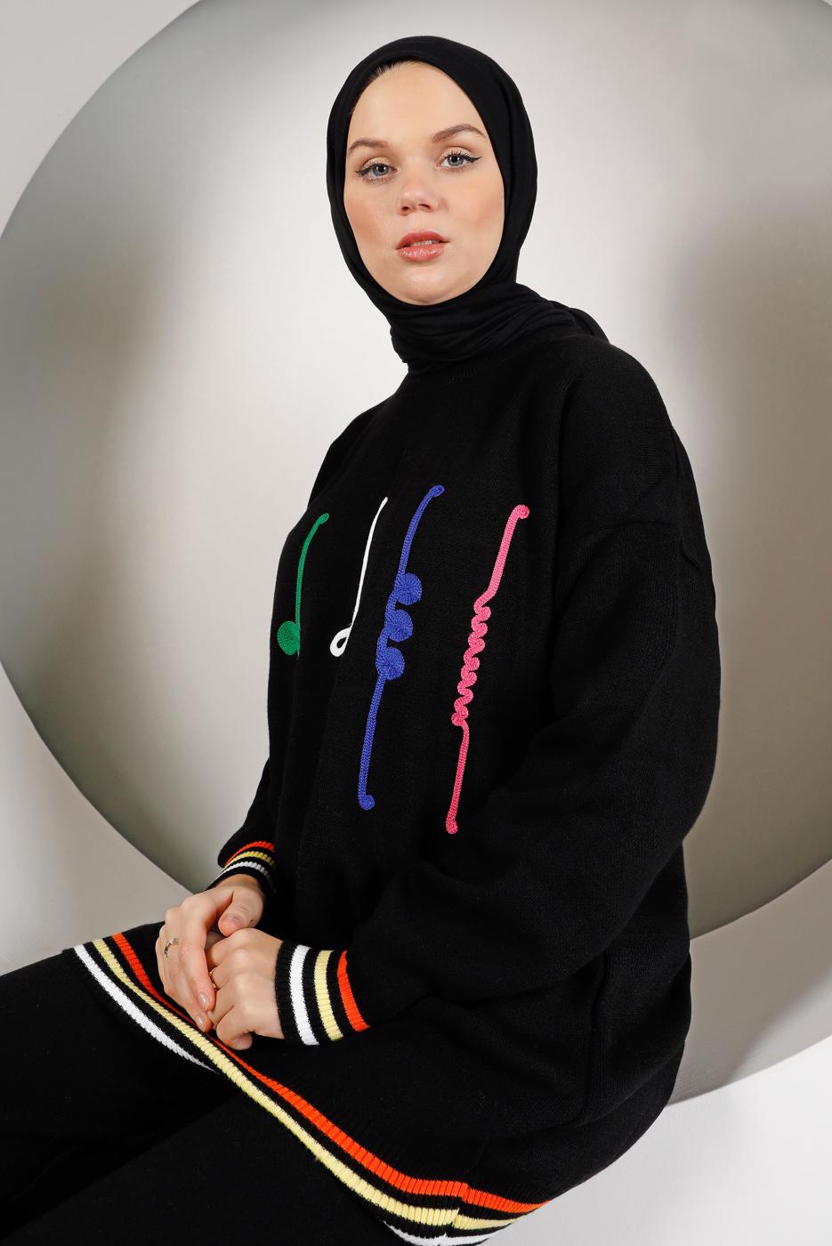 Tesettür giyim SİYAH DESENLİ RİBANALI TRİKO PANTOLONLU TAKIM 6922