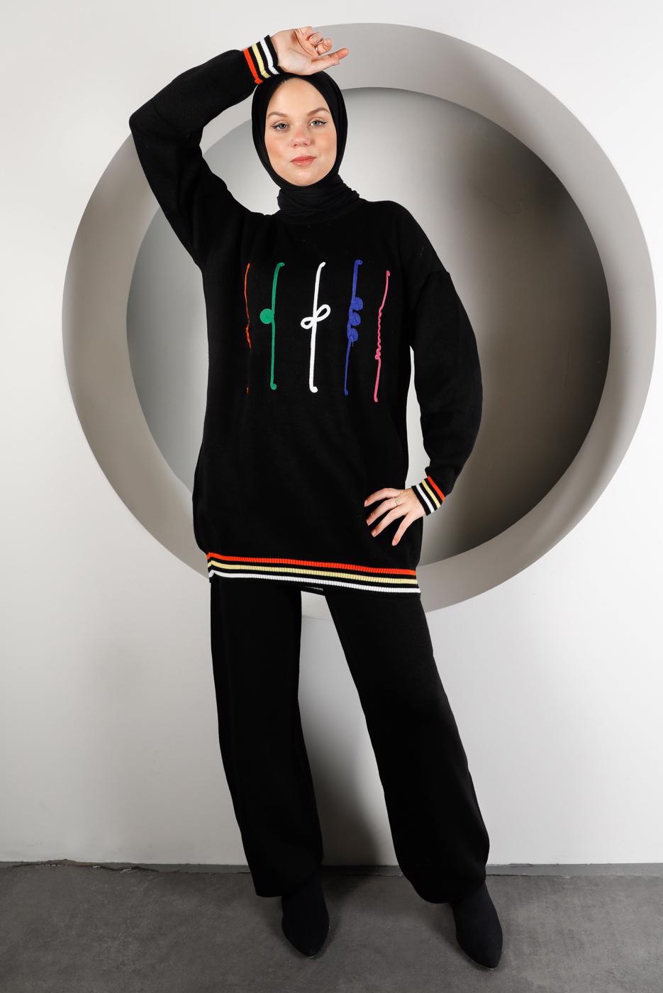 Tesettür giyim SİYAH DESENLİ RİBANALI TRİKO PANTOLONLU TAKIM 6922