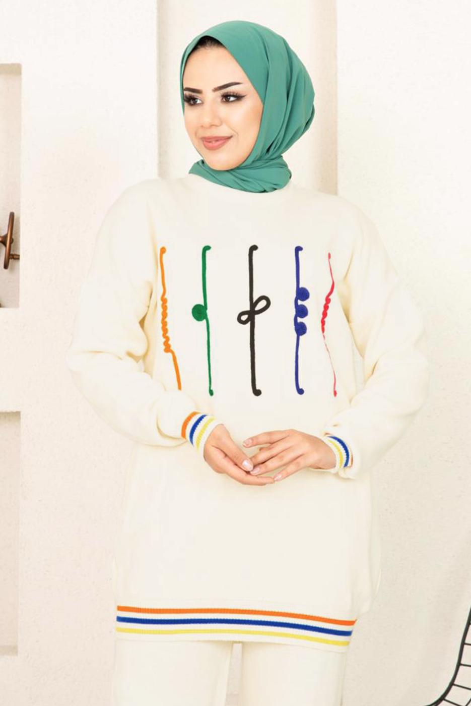 Tesettür giyim KREM DESENLİ RİBANALI TRİKO PANTOLONLU TAKIM 6922