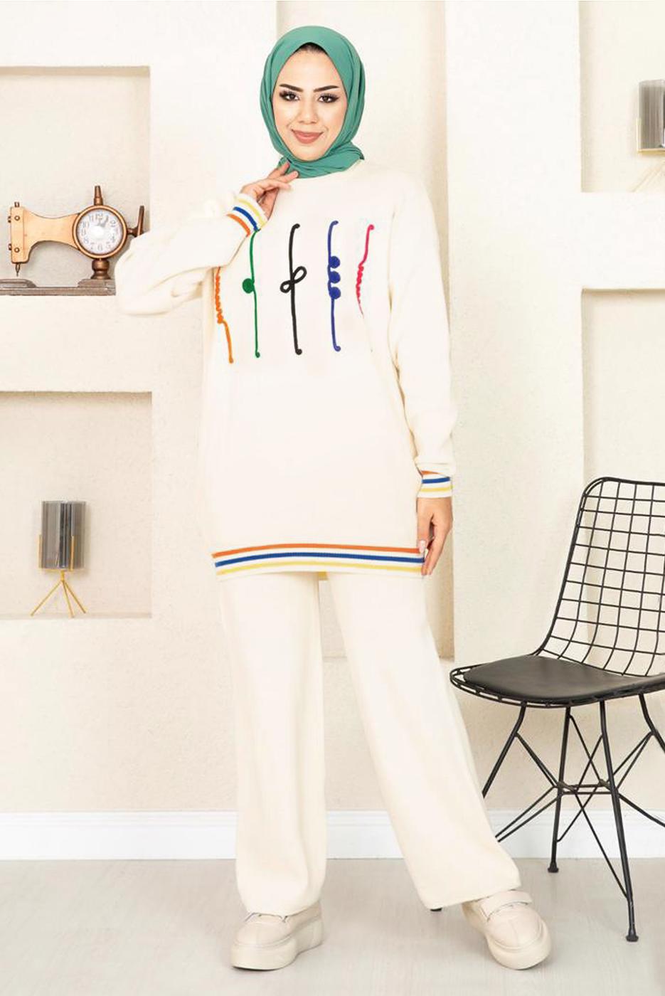 Tesettür giyim KREM DESENLİ RİBANALI TRİKO PANTOLONLU TAKIM 6922