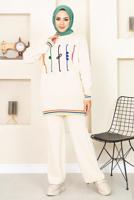 Tesettür giyim KREM DESENLİ RİBANALI TRİKO PANTOLONLU TAKIM 6922