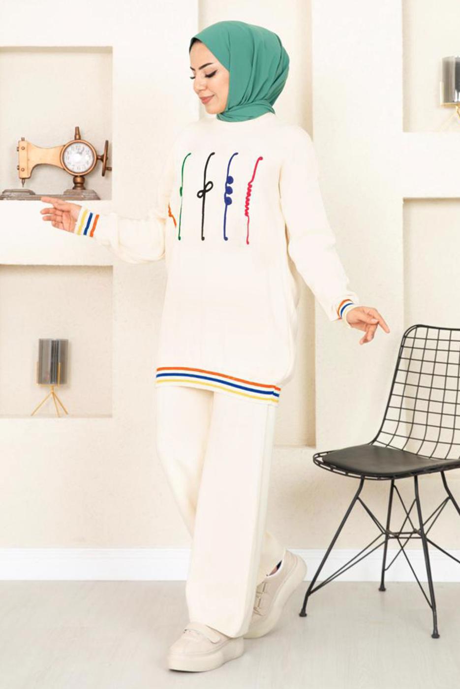 Tesettür giyim KREM DESENLİ RİBANALI TRİKO PANTOLONLU TAKIM 6922