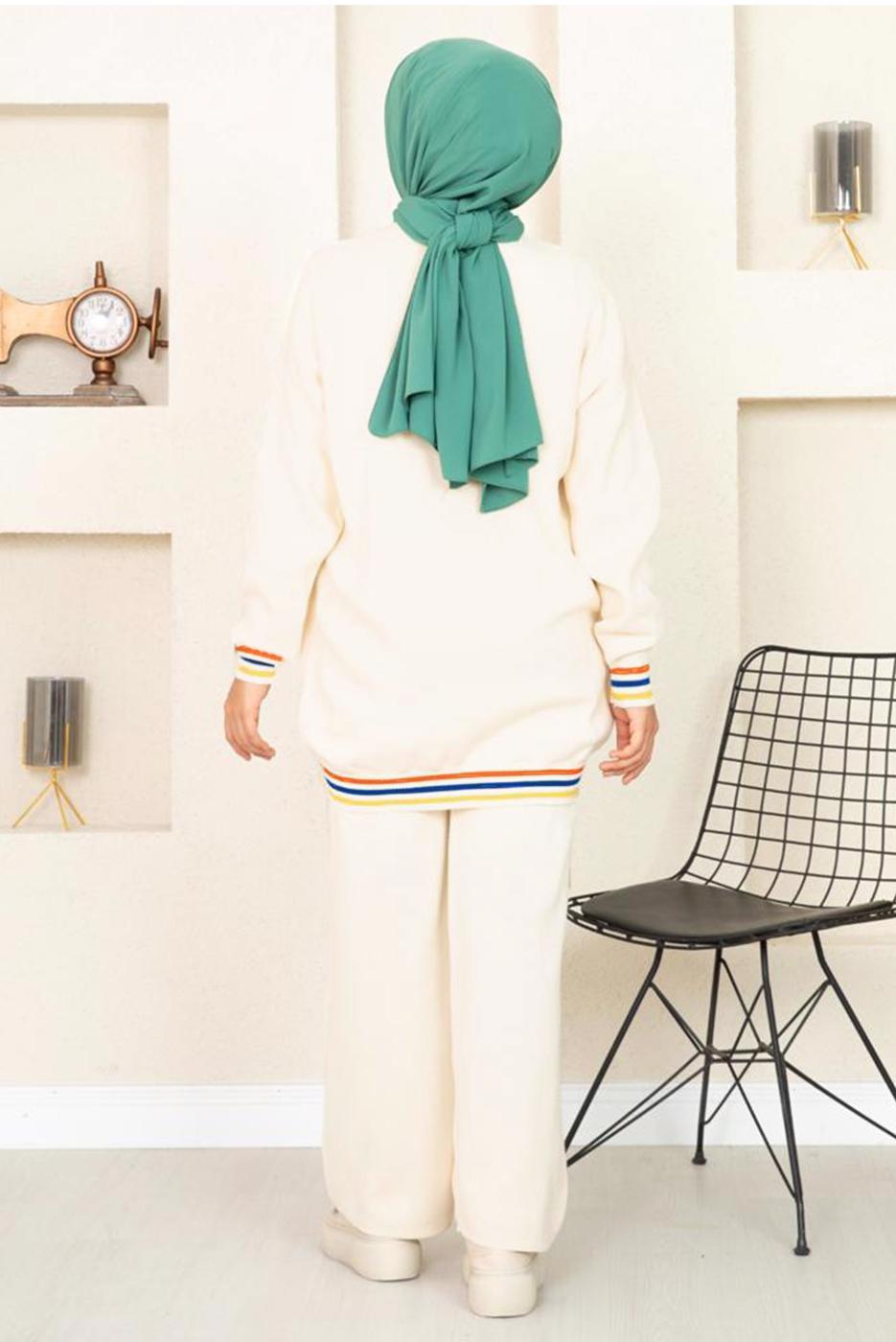 Tesettür giyim KREM DESENLİ RİBANALI TRİKO PANTOLONLU TAKIM 6922