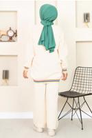 Tesettür giyim KREM DESENLİ RİBANALI TRİKO PANTOLONLU TAKIM 6922