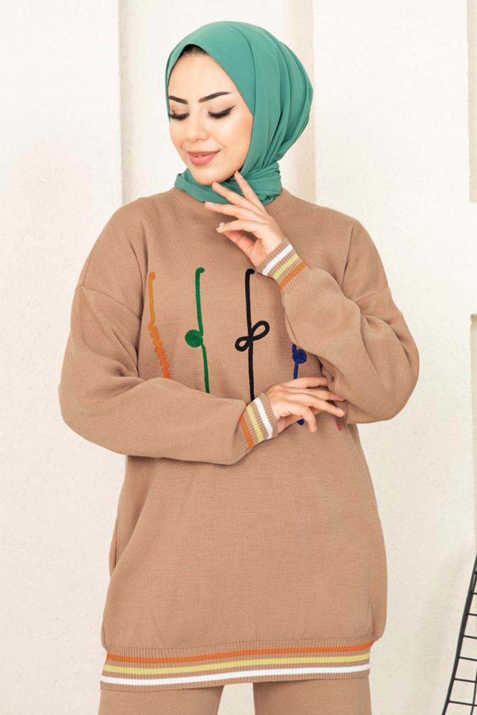 Tesettür giyim KAHVE DESENLİ RİBANALI TRİKO PANTOLONLU TAKIM 6922