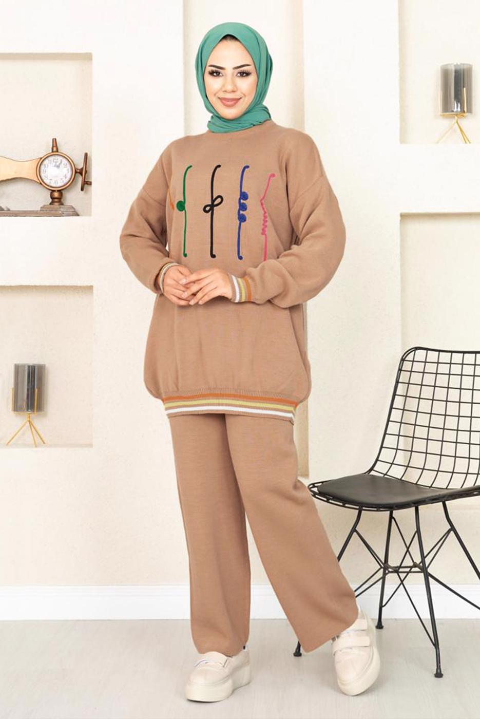 Tesettür giyim KAHVE DESENLİ RİBANALI TRİKO PANTOLONLU TAKIM 6922