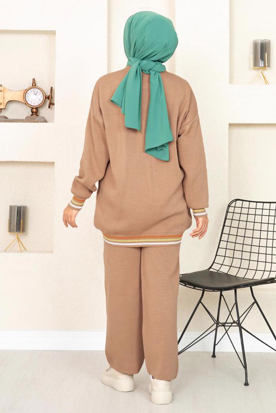 Tesettür giyim KAHVE DESENLİ RİBANALI TRİKO PANTOLONLU TAKIM 6922