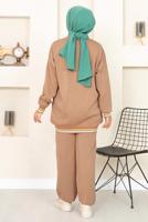 Tesettür giyim KAHVE DESENLİ RİBANALI TRİKO PANTOLONLU TAKIM 6922