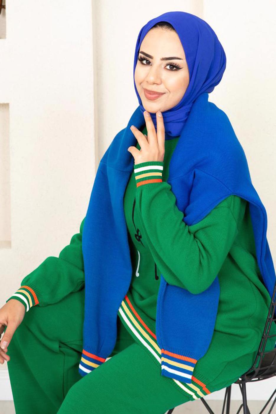 Tesettür giyim YEŞİL DESENLİ RİBANALI TRİKO PANTOLONLU TAKIM 6922