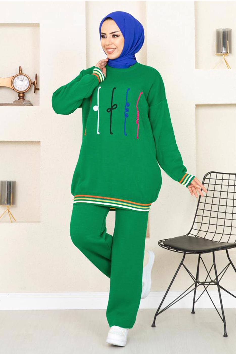 Tesettür giyim YEŞİL DESENLİ RİBANALI TRİKO PANTOLONLU TAKIM 6922