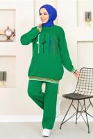 Tesettür giyim YEŞİL DESENLİ RİBANALI TRİKO PANTOLONLU TAKIM 6922