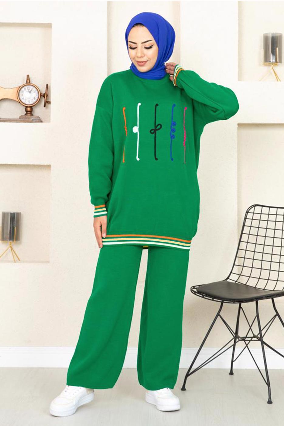 Tesettür giyim YEŞİL DESENLİ RİBANALI TRİKO PANTOLONLU TAKIM 6922