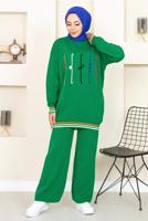 Tesettür giyim YEŞİL DESENLİ RİBANALI TRİKO PANTOLONLU TAKIM 6922