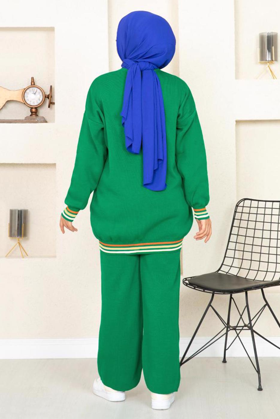 Tesettür giyim YEŞİL DESENLİ RİBANALI TRİKO PANTOLONLU TAKIM 6922