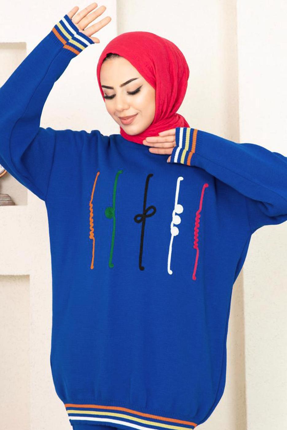 Tesettür giyim LACİVERT DESENLİ RİBANALI TRİKO PANTOLONLU TAKIM 6922