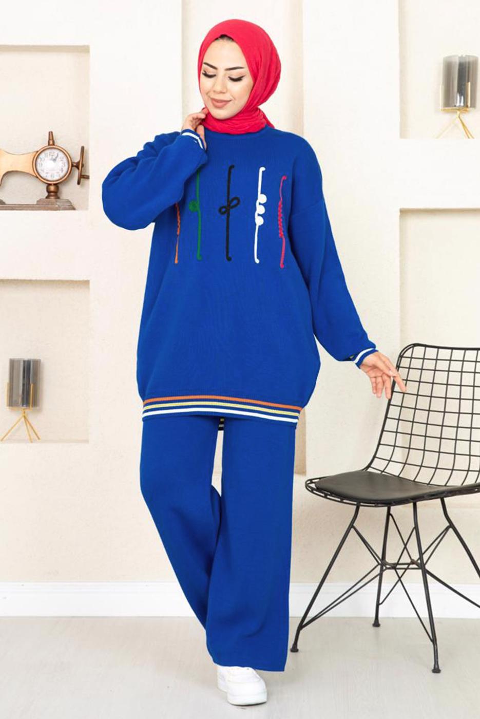 Tesettür giyim LACİVERT DESENLİ RİBANALI TRİKO PANTOLONLU TAKIM 6922