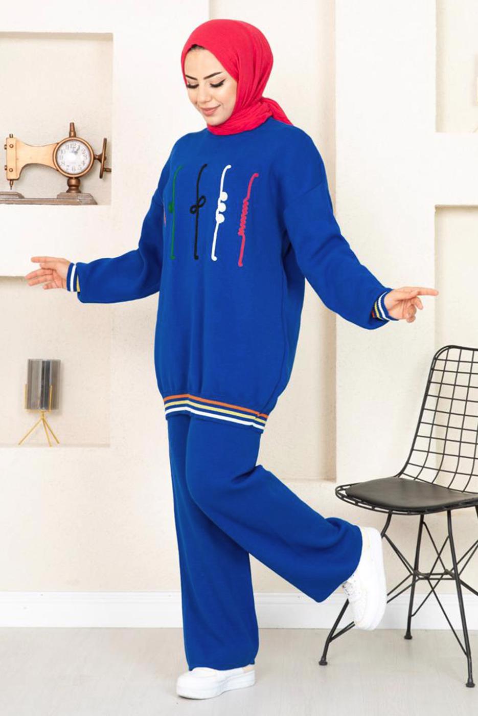 Tesettür giyim LACİVERT DESENLİ RİBANALI TRİKO PANTOLONLU TAKIM 6922