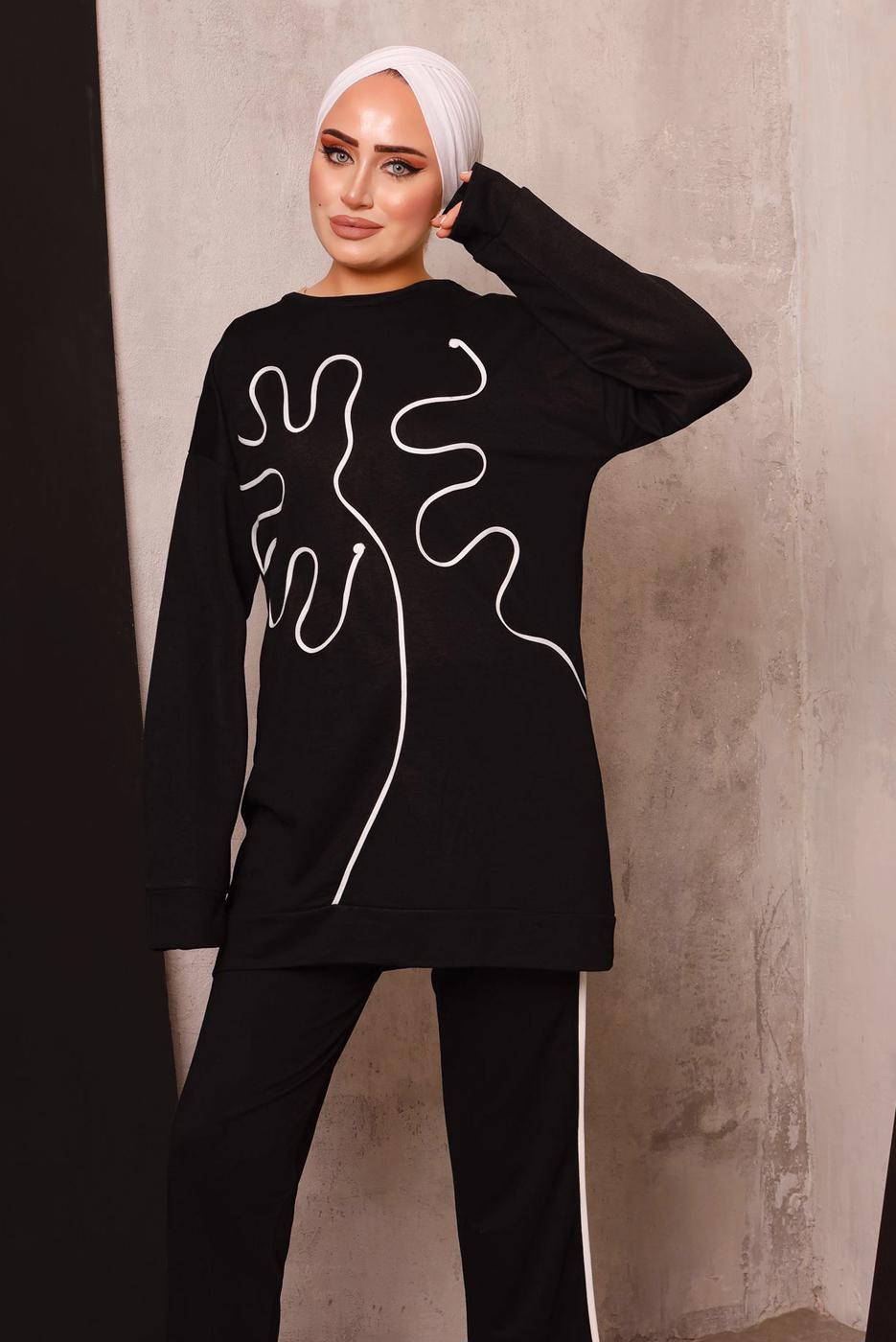 Tesettür giyim SİYAH DESENLİ İKİLİ PANTOLONLU EŞOFMAN TAKIM 7182 