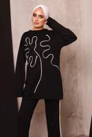 Tesettür giyim SİYAH DESENLİ İKİLİ PANTOLONLU EŞOFMAN TAKIM 7182 