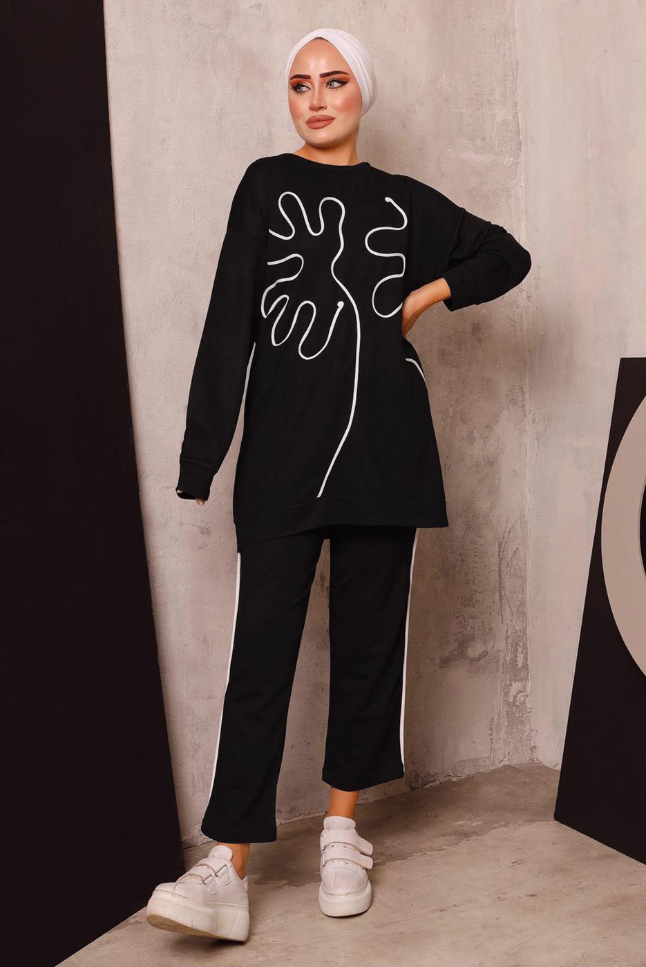 Tesettür giyim SİYAH DESENLİ İKİLİ PANTOLONLU EŞOFMAN TAKIM 7182 
