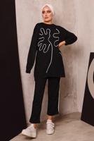 Tesettür giyim SİYAH DESENLİ İKİLİ PANTOLONLU EŞOFMAN TAKIM 7182 