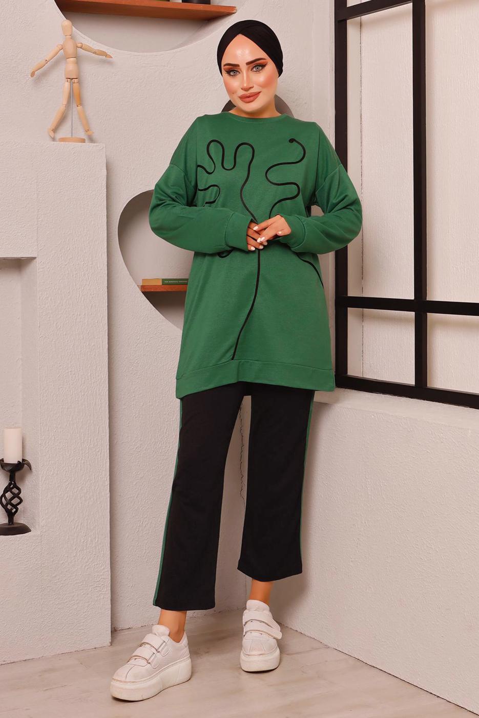 Tesettür giyim YEŞİL DESENLİ İKİLİ PANTOLONLU EŞOFMAN TAKIM 7182 