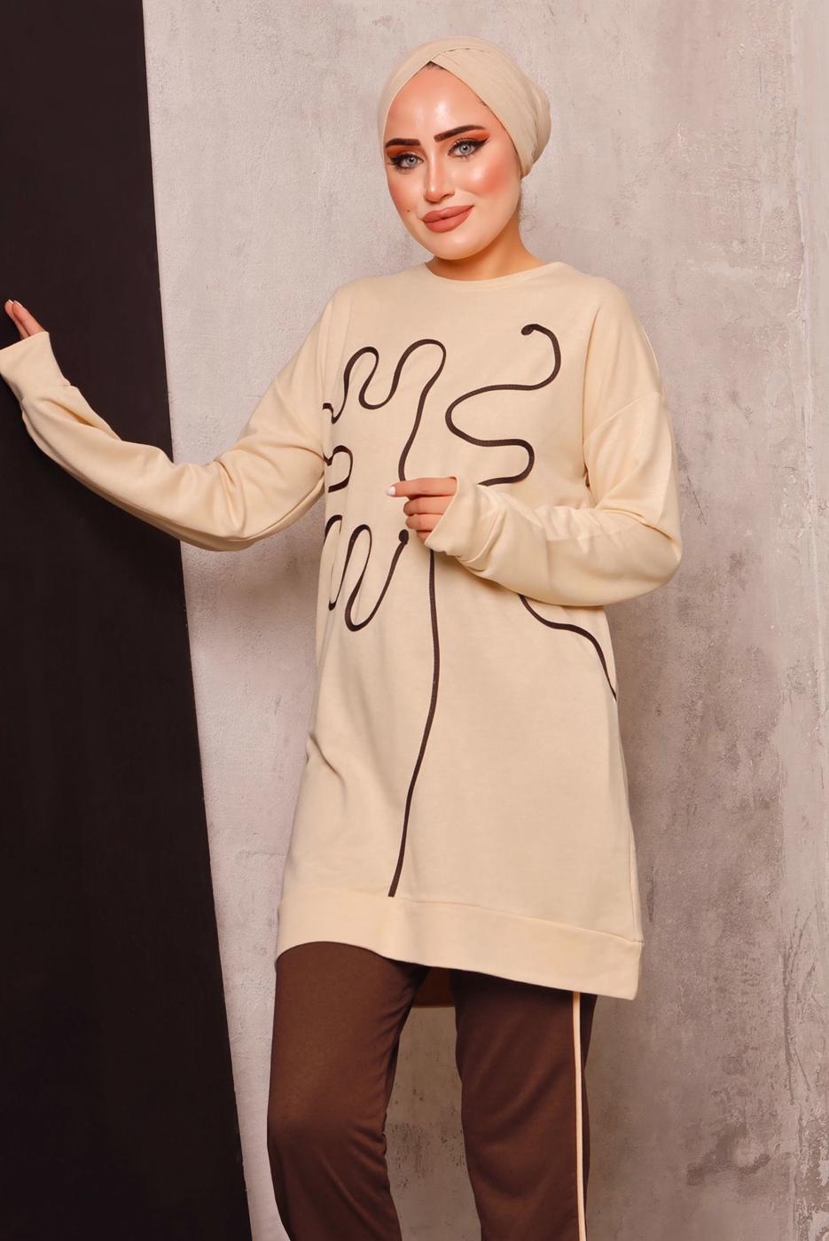 Tesettür giyim BEJ DESENLİ İKİLİ PANTOLONLU EŞOFMAN TAKIM 7182 