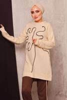 Tesettür giyim BEJ DESENLİ İKİLİ PANTOLONLU EŞOFMAN TAKIM 7182 