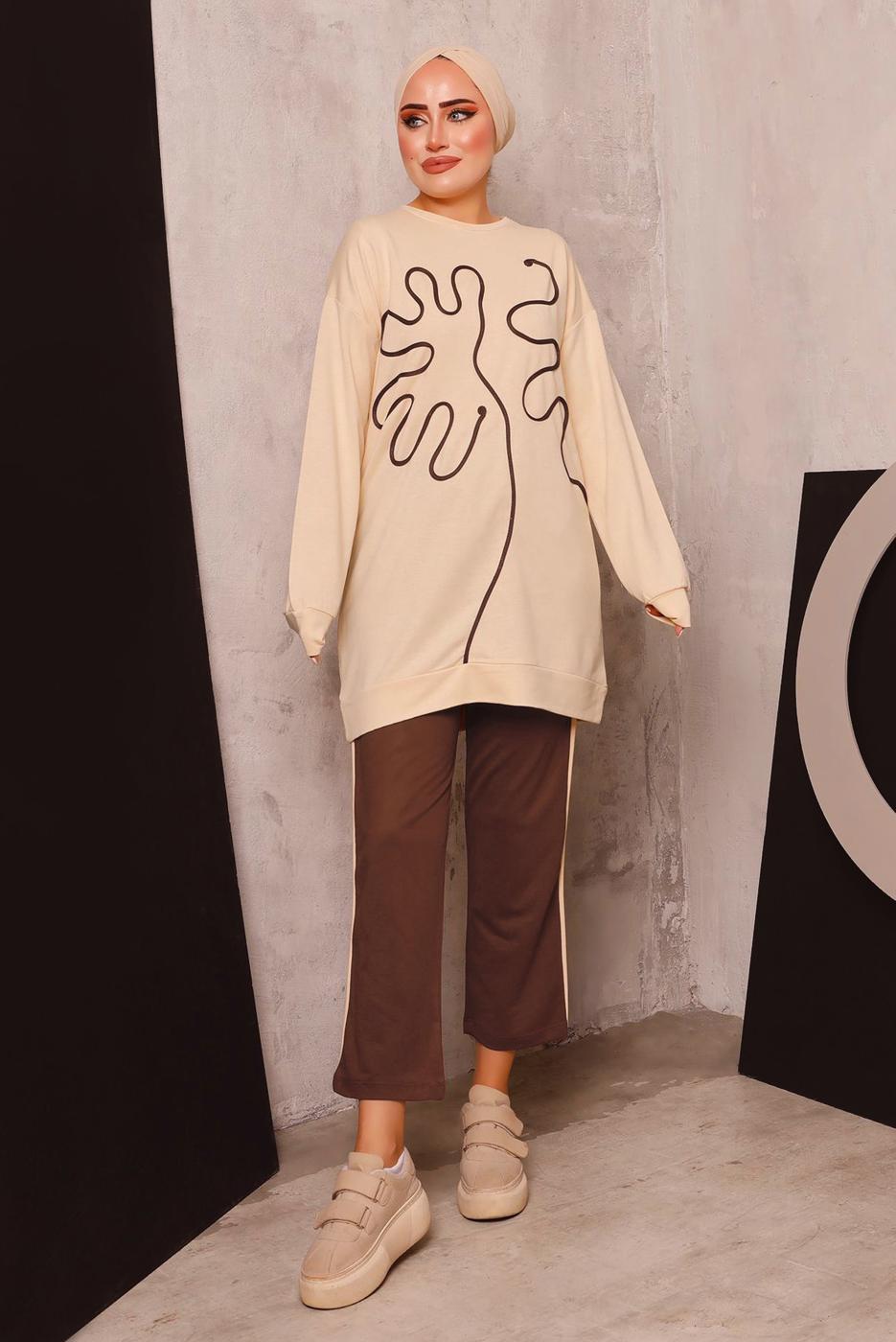 Tesettür giyim BEJ DESENLİ İKİLİ PANTOLONLU EŞOFMAN TAKIM 7182 