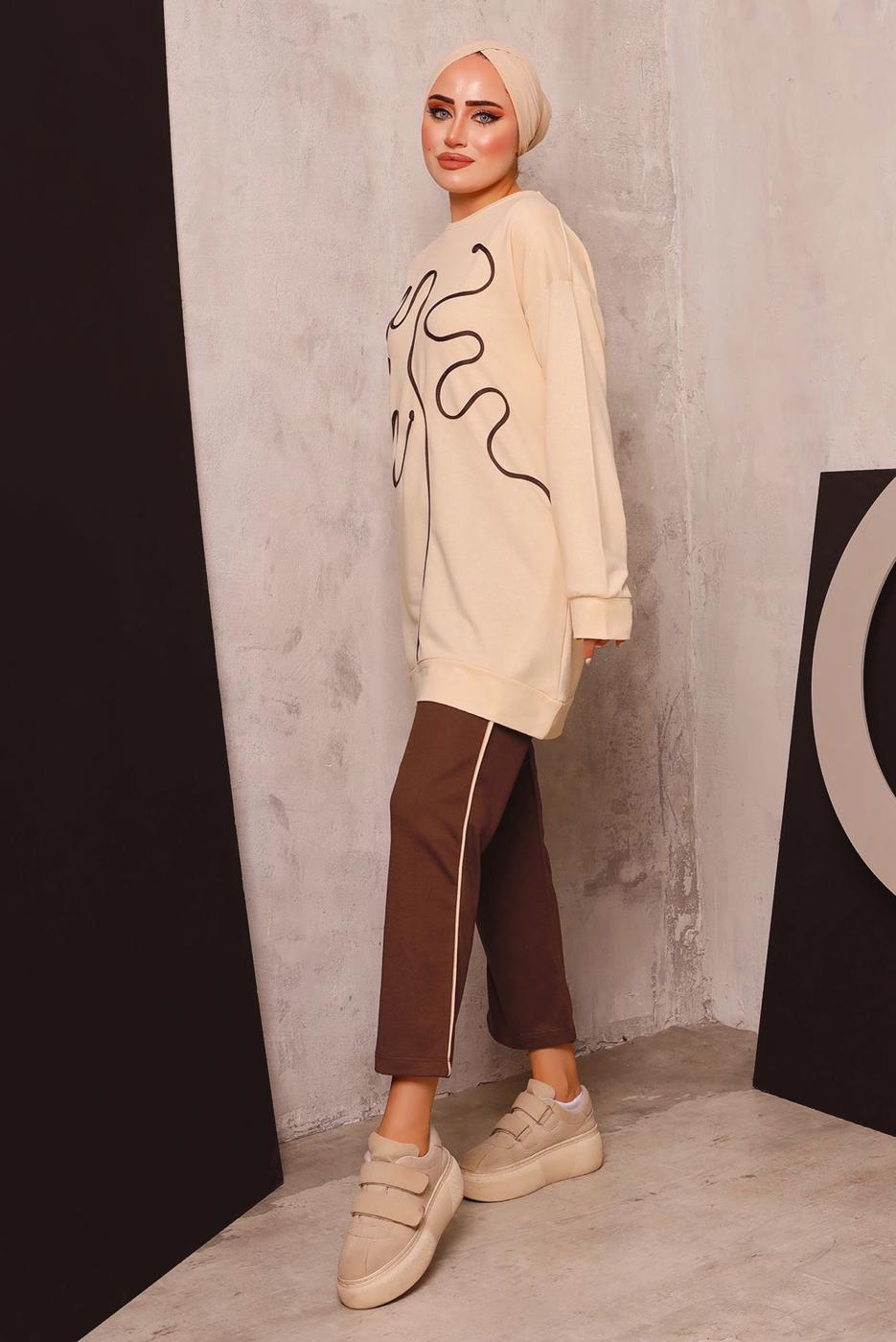 Tesettür giyim BEJ DESENLİ İKİLİ PANTOLONLU EŞOFMAN TAKIM 7182 