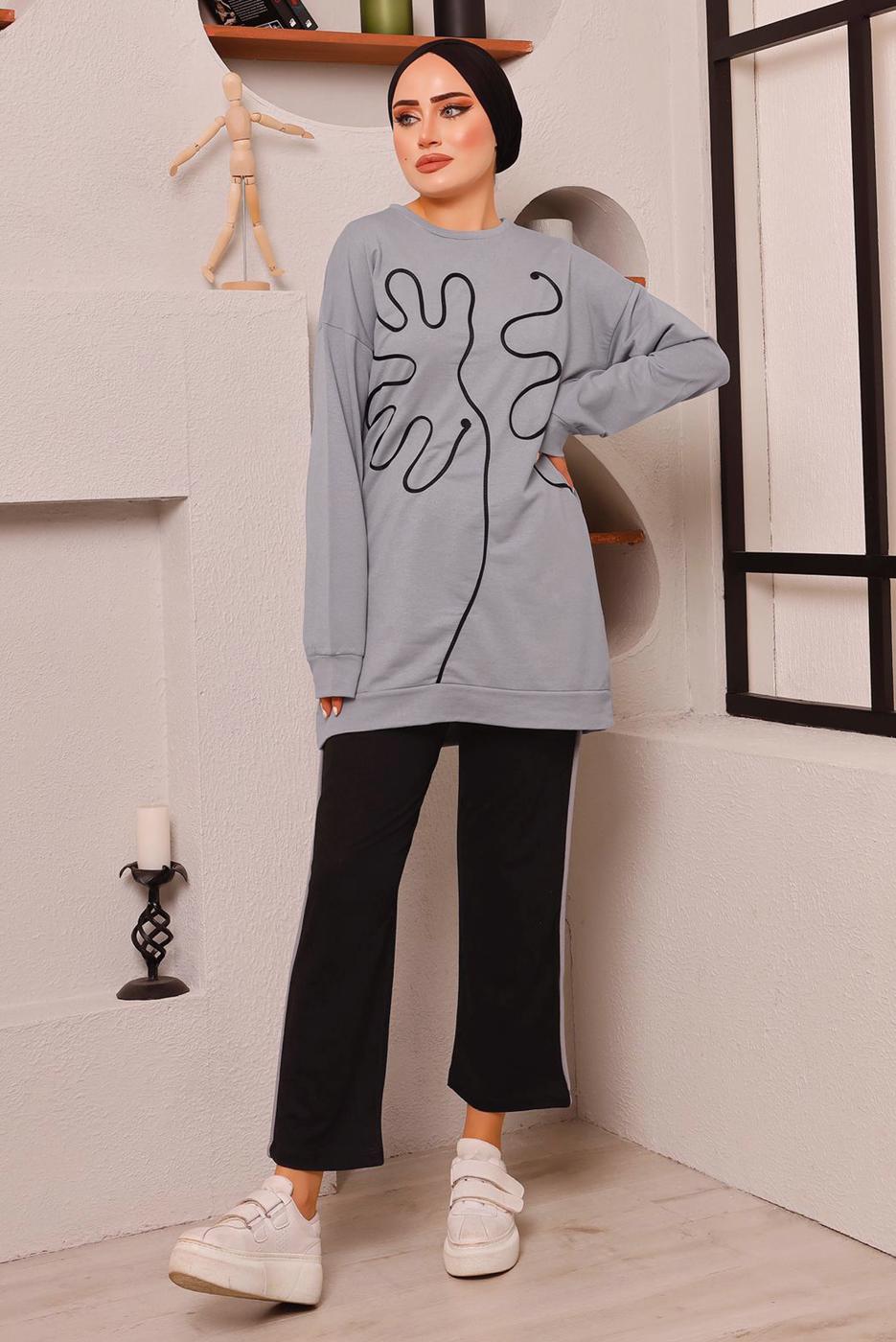 Tesettür giyim GRİ DESENLİ İKİLİ PANTOLONLU EŞOFMAN TAKIM 7182 