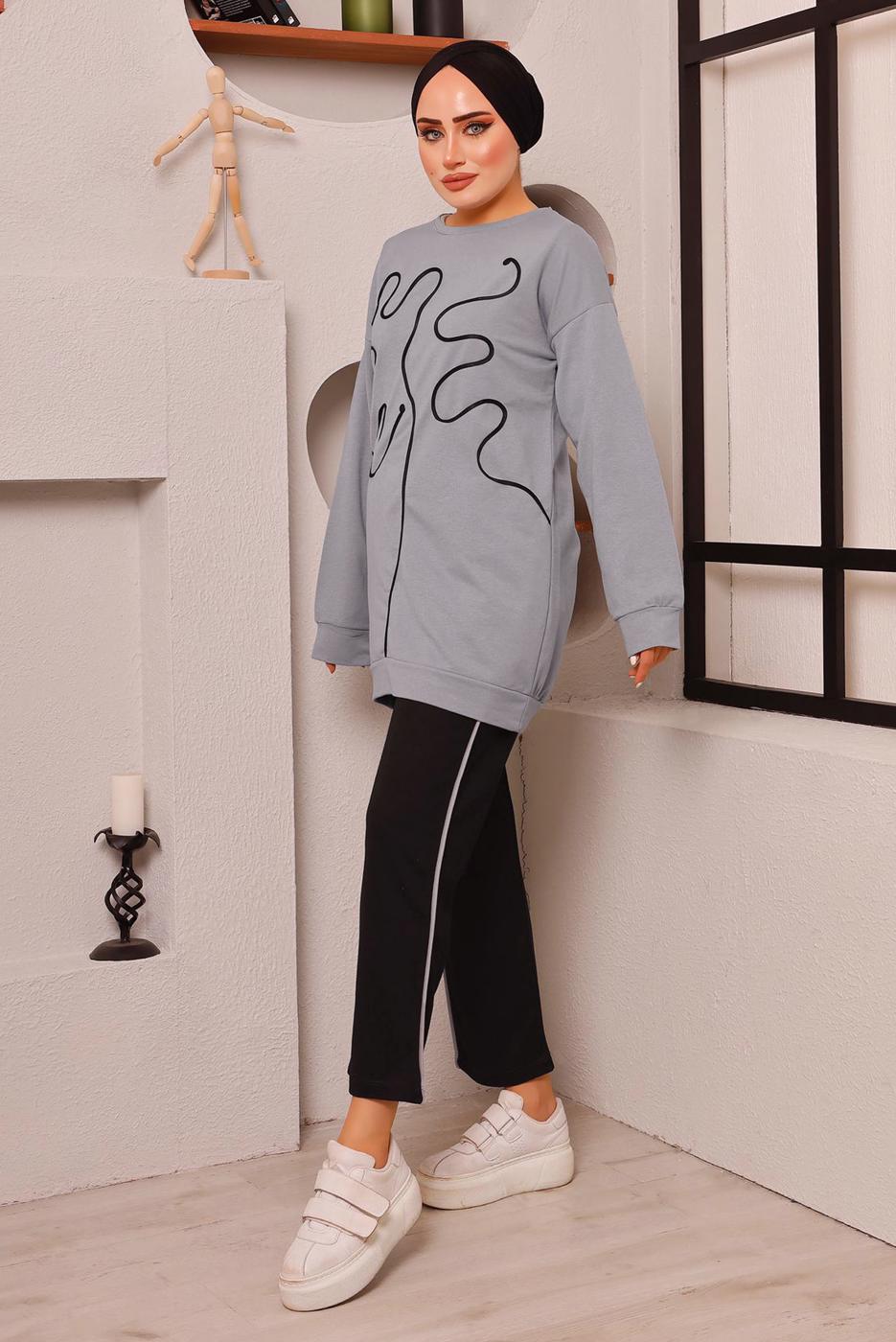 Tesettür giyim GRİ DESENLİ İKİLİ PANTOLONLU EŞOFMAN TAKIM 7182 