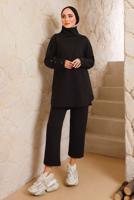 Tesettür giyim SİYAH MANŞETLERİ DÜĞMELİ PANTOLONLU TAKIM 7382 