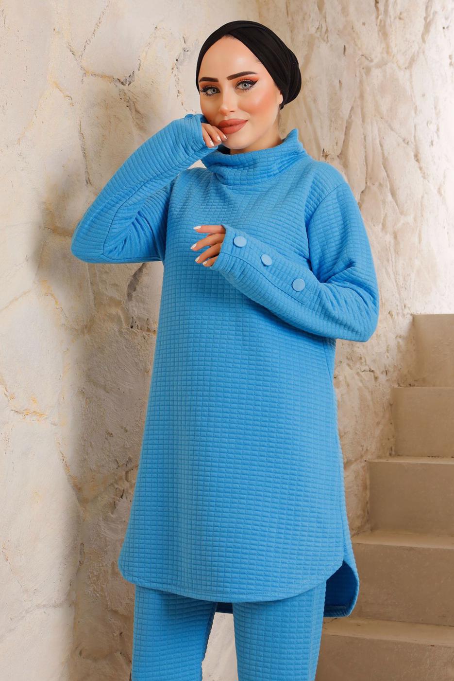 Tesettür giyim MAVİ MANŞETLERİ DÜĞMELİ PANTOLONLU TAKIM 7382 