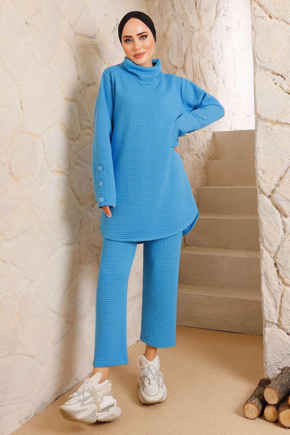 Tesettür giyim MAVİ MANŞETLERİ DÜĞMELİ PANTOLONLU TAKIM 7382 