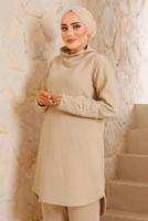 Tesettür giyim BEJ MANŞETLERİ DÜĞMELİ PANTOLONLU TAKIM 7382 