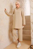 Tesettür giyim BEJ MANŞETLERİ DÜĞMELİ PANTOLONLU TAKIM 7382 