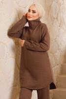 Tesettür giyim KAHVE MANŞETLERİ DÜĞMELİ PANTOLONLU TAKIM 7382 