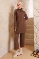 Tesettür giyim KAHVE MANŞETLERİ DÜĞMELİ PANTOLONLU TAKIM 7382 