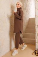 Tesettür giyim KAHVE MANŞETLERİ DÜĞMELİ PANTOLONLU TAKIM 7382 