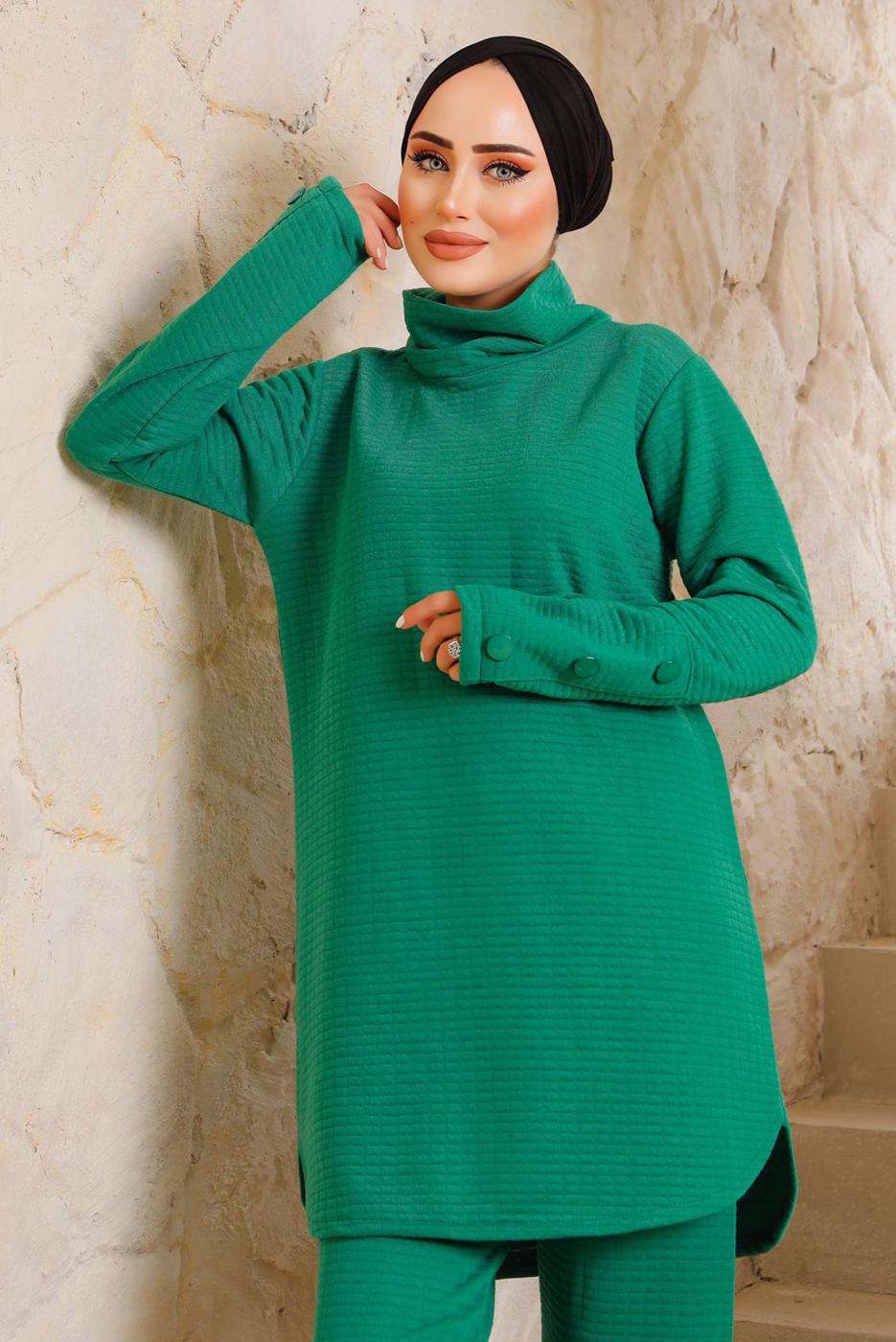 Tesettür giyim YEŞİL MANŞETLERİ DÜĞMELİ PANTOLONLU TAKIM 7382 